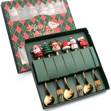 Leeseph Christmas Coffee Spoons Forks Set (4/6Pcs), Stainless Steel Spoon Forks Christmas Gifts for Kids(Red/Green Gift Box Set)