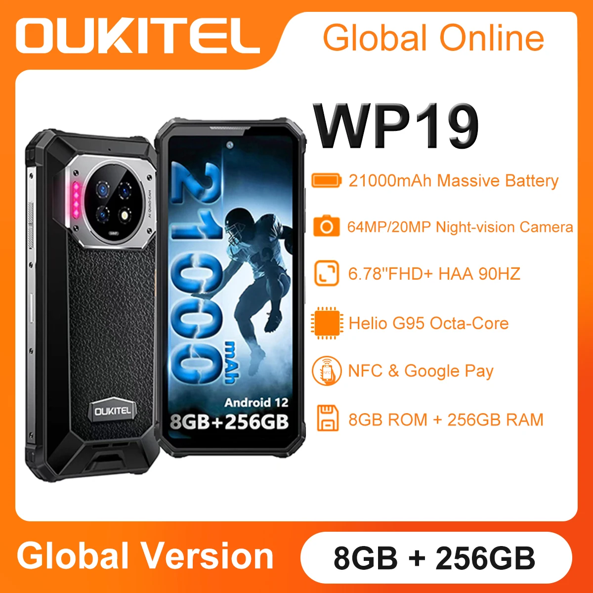 OUKITEL WP19 Rugged Smartphone Night Vision NFC Cell Phone 8GB 256GB 21000mAh Mobile Phone 64M Camera Android 12 90 Hz Helio G95