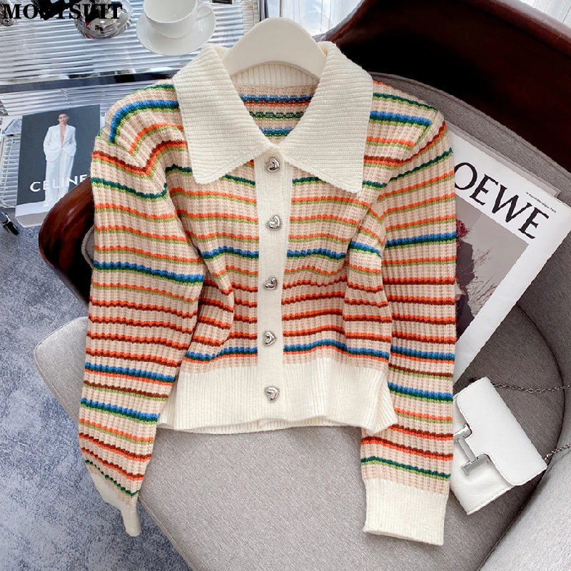 

Женский трикотажный кардиган в разноцветную полоску, однобортный свитер с длинным рукавом, Осень-зима 2022