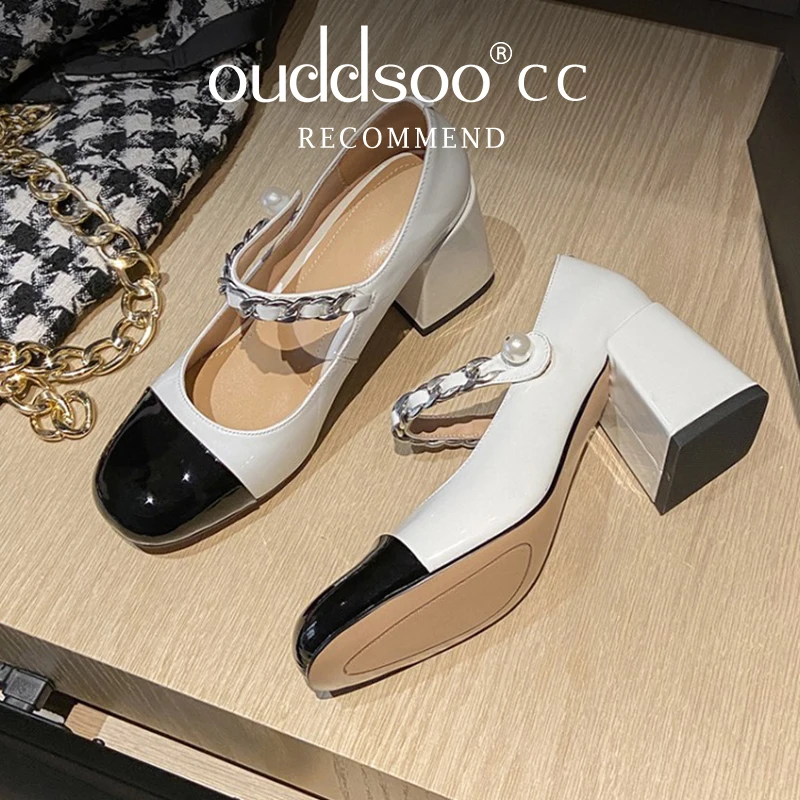 Ods Metallic Casual Luxury Pink Chunky High Heels Women Shoes Round Toe Sweet Chain Strap Party Lady Patchwork Dress Pearl 4143