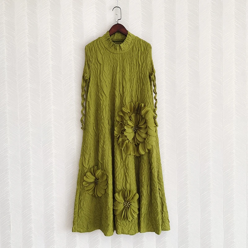 

Miyake Pleated Dress Women Fall Winter 2022 NEW VINTAGE Embroidered Stand Collar Long Sleeved Appliques Loose Stretch Midi Dress