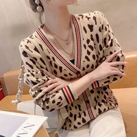 leopard knitted cardigan womens outer layer with 2021 spring womens new soft waxy foreign style sweater coat