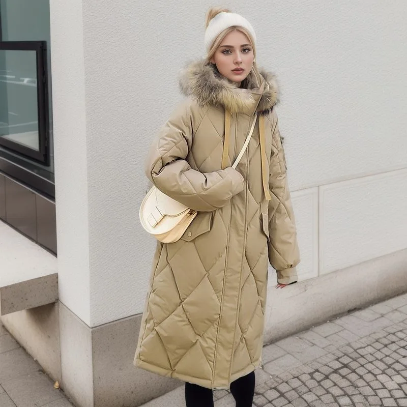 

USPOP New Mid length Cotton Coat Loose Large and Thickened Long Over Knee Large Wool Collar Hooded Cotton Coat