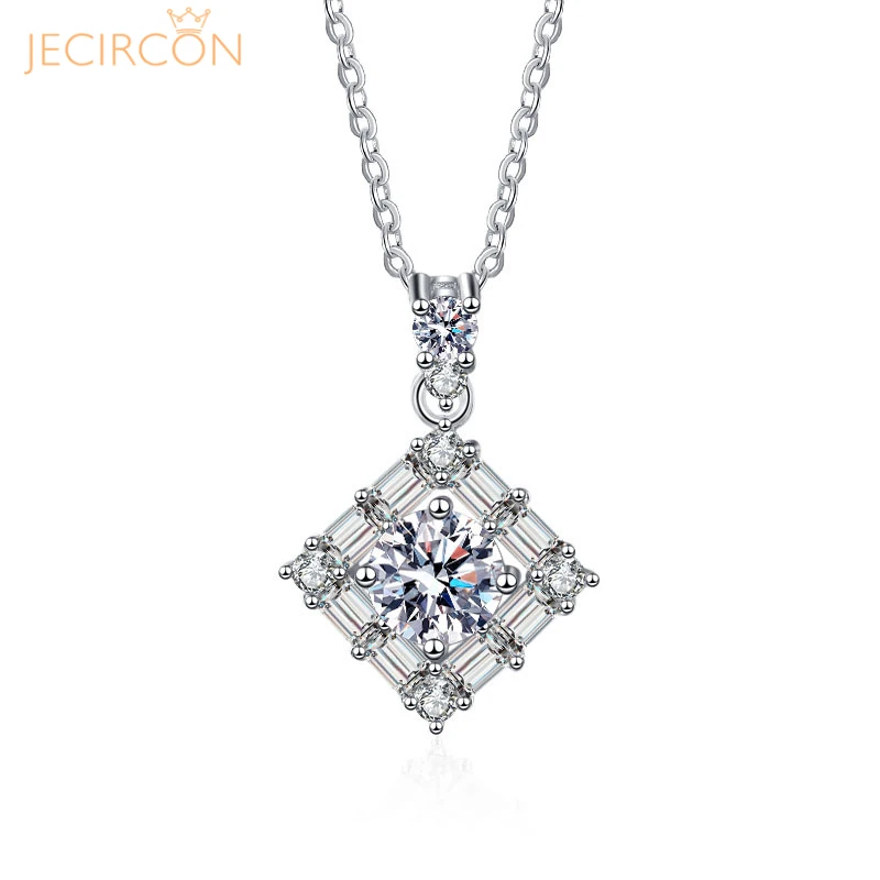 

JECIRCN 18k White Gold Necklace for Women Super Flash 1 Carat Moissanite Pendant Square Crystal All-match Silver Neck Jewelry