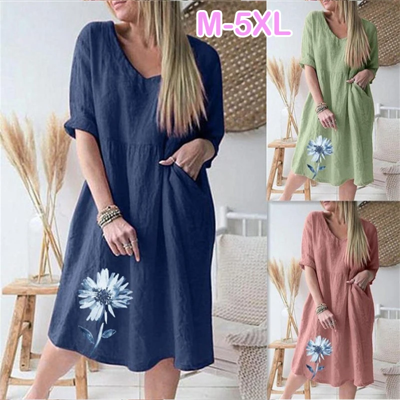 

LOHILL Summer Dress For Women Floral Printing Casual Loose Sundress Oversized M-5XL Holiday Party Club Tunic Women Dresses