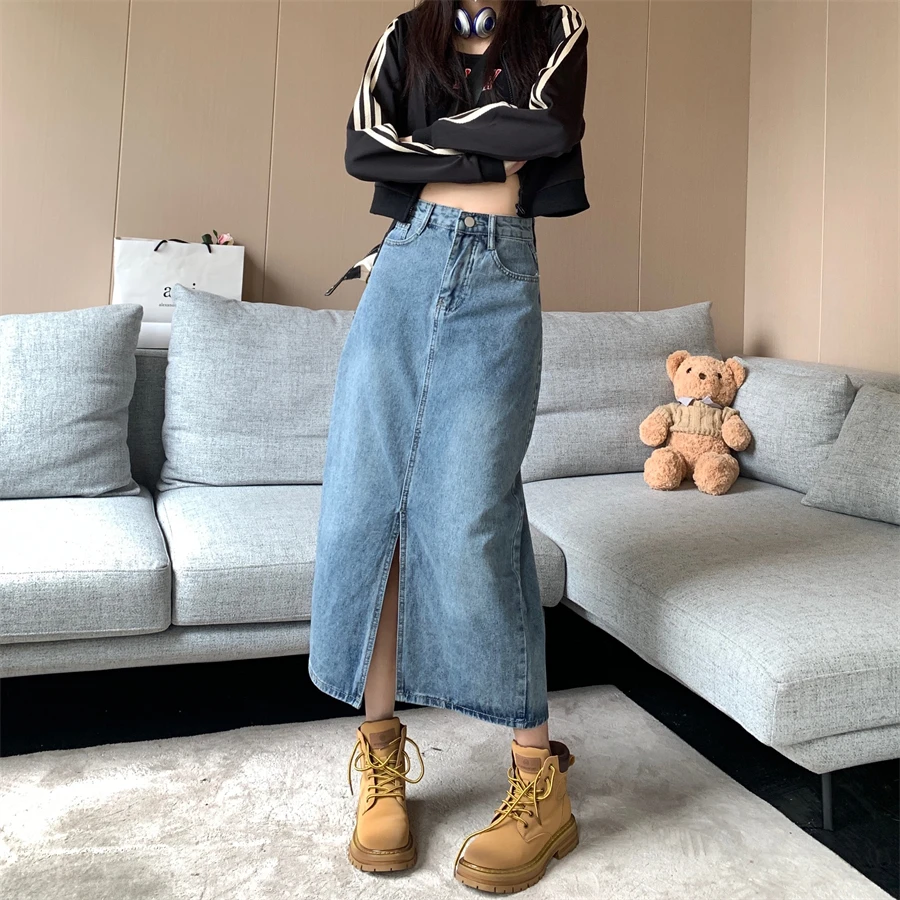 Vintage Blue High Waist Slit Denim Skirt Women's Spring Autumn New Street Style Slits Show Thin Mid-length Hip Bag Skirts Female