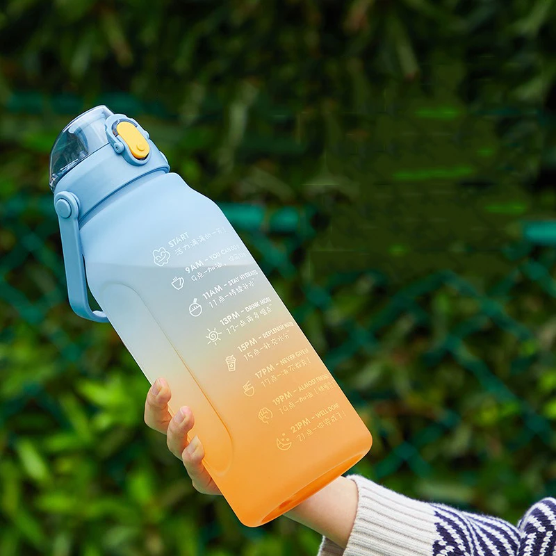 

2L Water Bottle Large Capacity With Straws Frosted Cup Bounce Lid Timeline Reminder Outdoor Sports Fitness Leak-proof Bottles