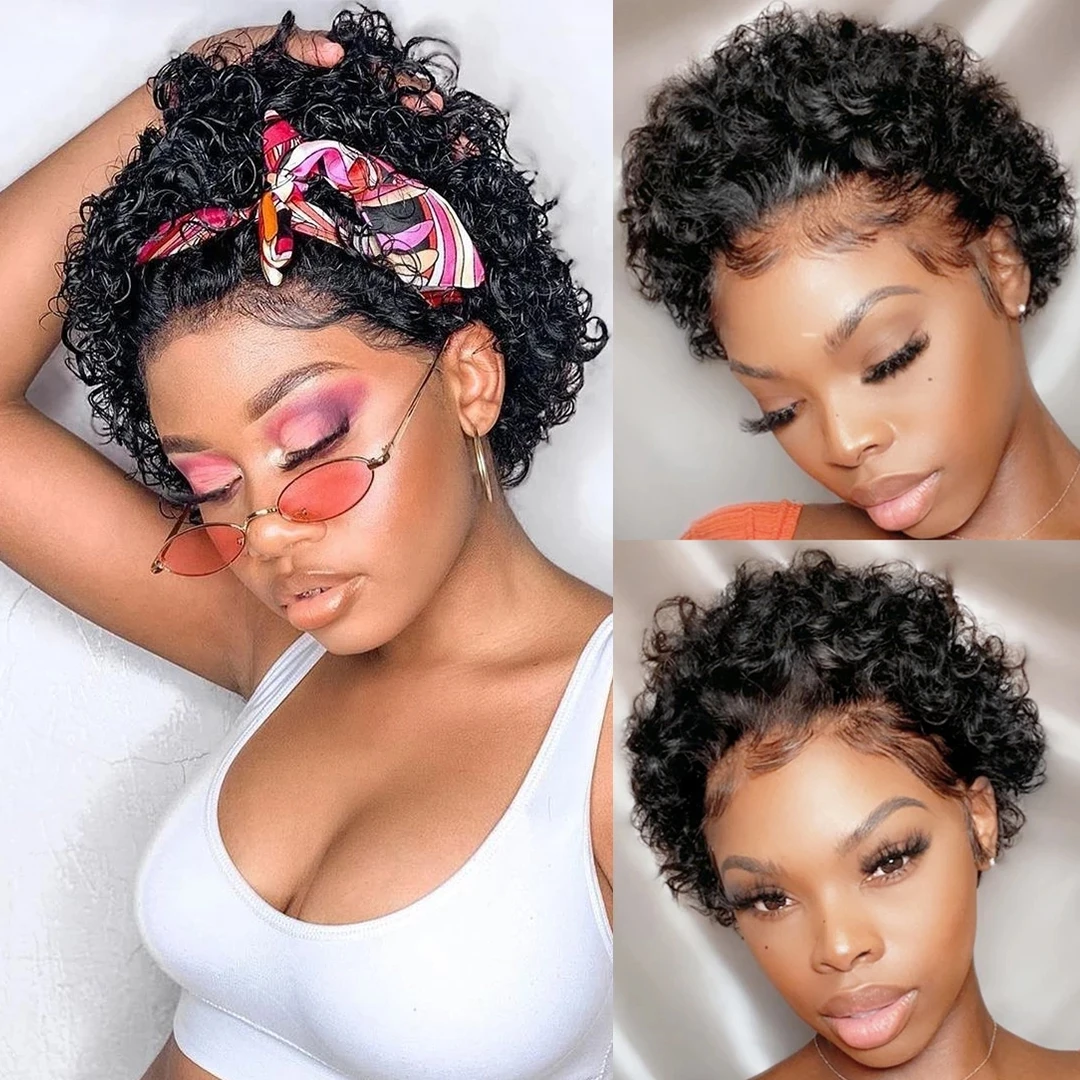 

Short Wigs Human Hair Curly Human Hair Wigs Preplucked Hairline Wigs for Women Cheap Pixie Cut Wigs 13X1 Transparent Lace Wigs