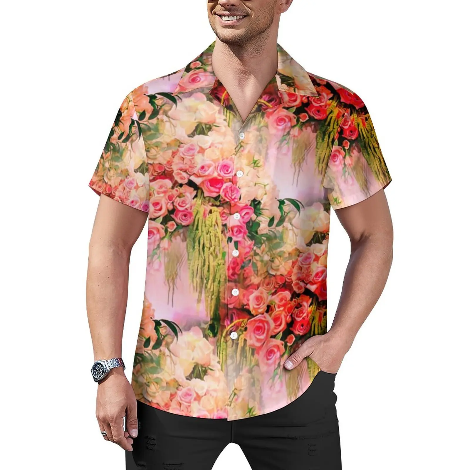 

Pink Vintage Roses Vacation Shirt Retro Flower Print Hawaiian Casual Shirts Male Streetwear Blouses Custom Clothes Plus Size