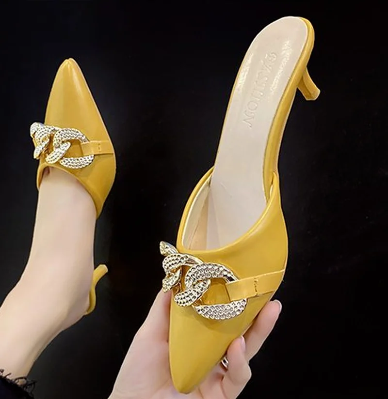 

Womenamp New Fashion Joker Muller Shoes Pointed with Rhinestone Chain Decoration Ladies Half Slippers In Summer