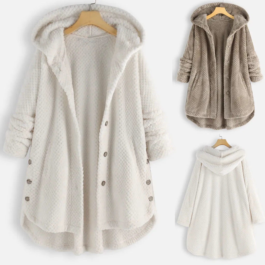 

Women Fleece Irregular Long Sleeve Button Pocket Hooded Coat