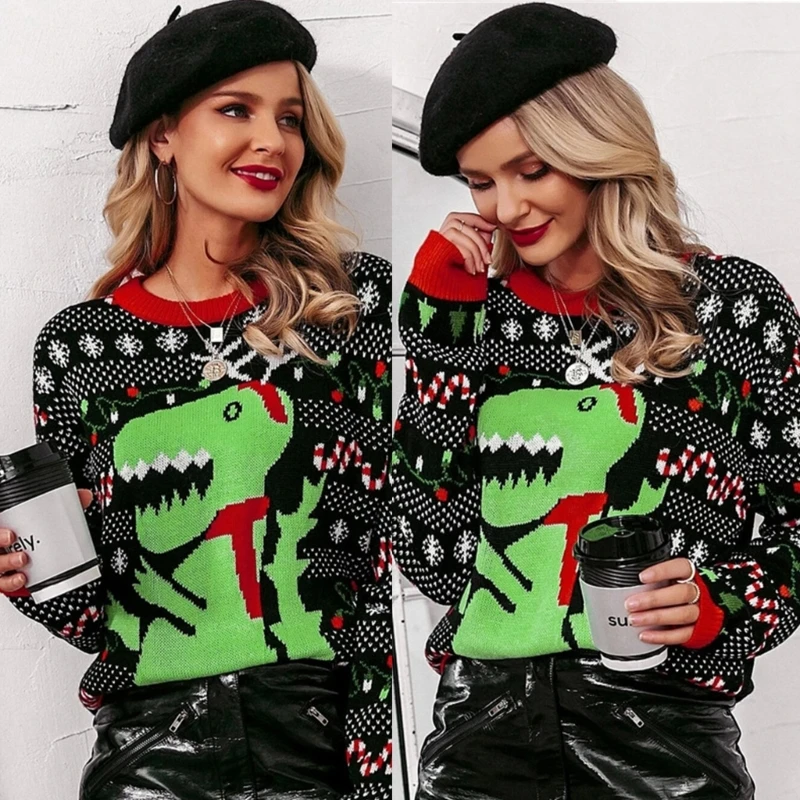 

Autumn Winter Christmas Sweater Womens Knitted Pullover Animal Print Sweaters