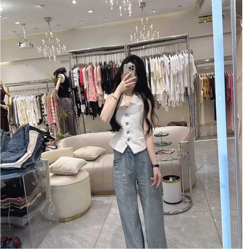 Элегантный грубый твидовый жилет с v-образным вырезом женский укороченный топ на