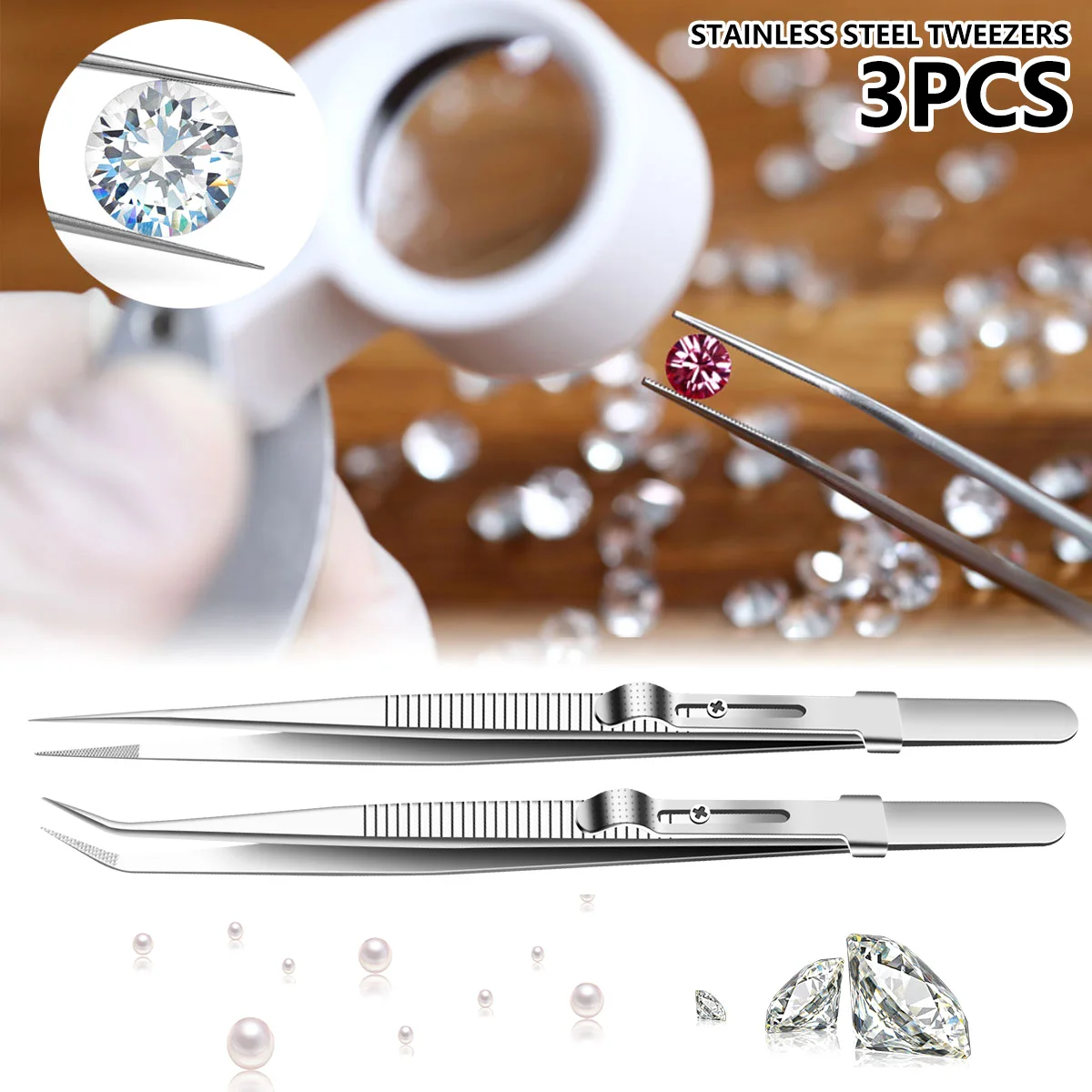 

New3pcs Jewelry Tweezers with Anti-slip Belt Lock and Slot Gems Tweezers Stainless Steel Diamond Stones Tongs Accurate Jewelry