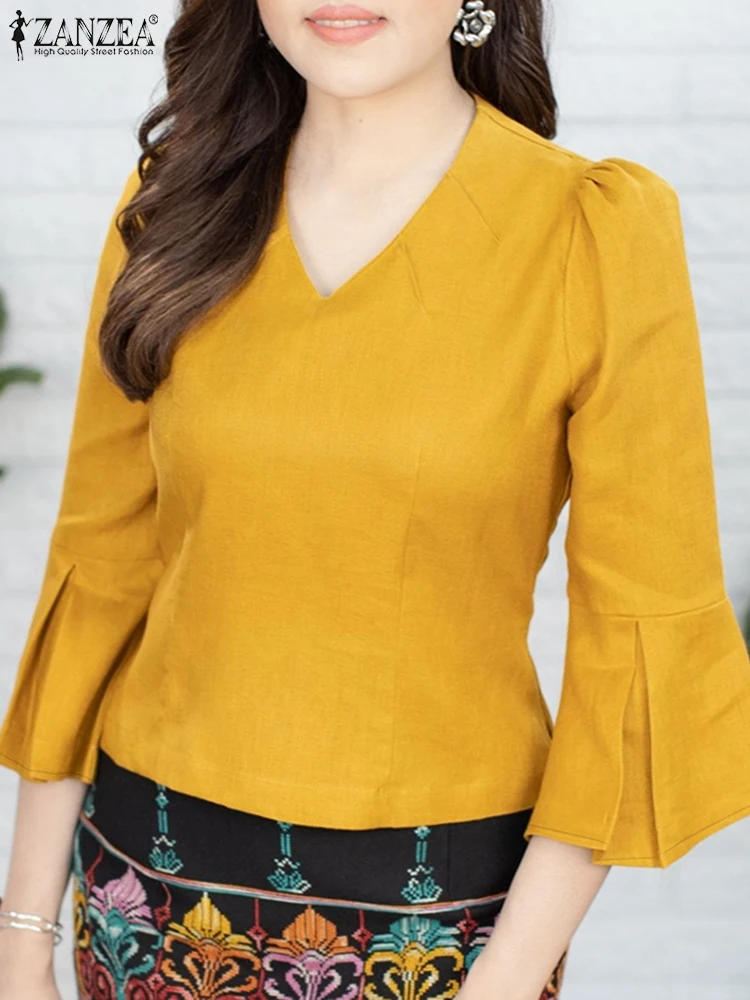 ZANZEA 2024 осенняя офисная женская блузка однотонная в стиле ретро праздничные топы