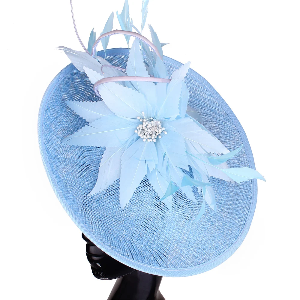 

Vintage Light Blue Cocktail Hair Fascinators Kenducky Derby Church Hats Fedora Fancy Double Feather Flower Headwear New SYF542