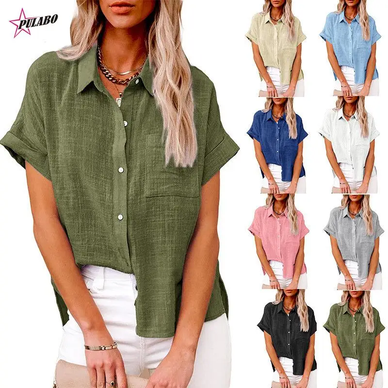 

PERITANG Casual Solid Short Sleeve Cotton Linen Loose Blouse Vintage Harajuku Oversized Shirt Elegant Tunic Summer Tops Women