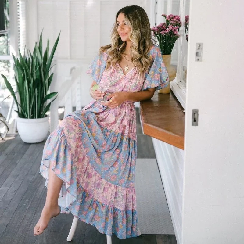 

Elegant Summer Boho Clothing Women Vintage O-neck Puff Sleeve Flower Printed Maxi Dresses 2023 Vestido Longue Floral