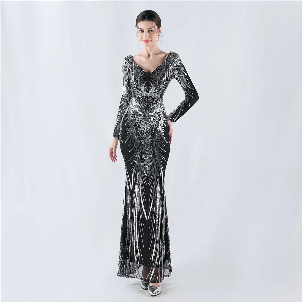 Women's V Neck Long Sleeve Elegant Sequin Floral Mermaid Bodycon Formal Party Gown Evening Maxi Dress