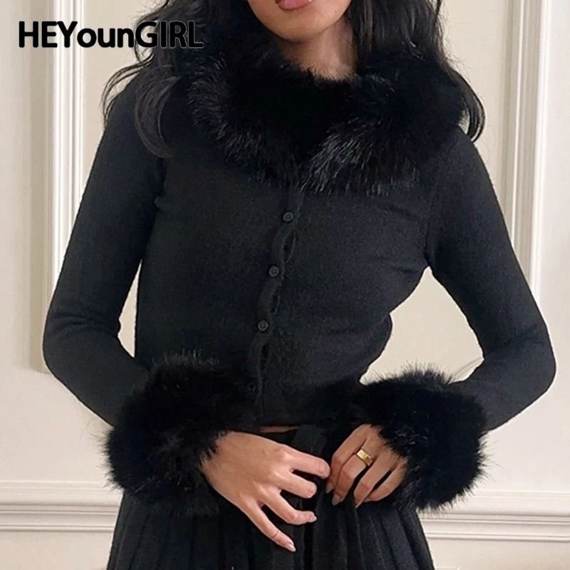 HEYounGIRL Y2K меховой лоскутный кардиган футболка винтажный черный зимний