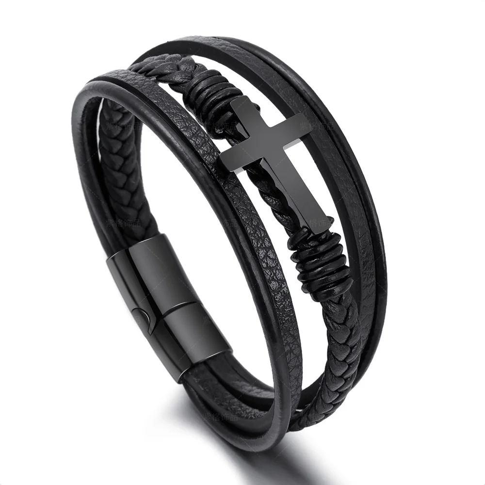 

Fashion Woven Handmade Leather Bracelet Magnetic Clasp Cross Stainless Steel Bracelet Men's Titanium Steel Bracelet Accessories