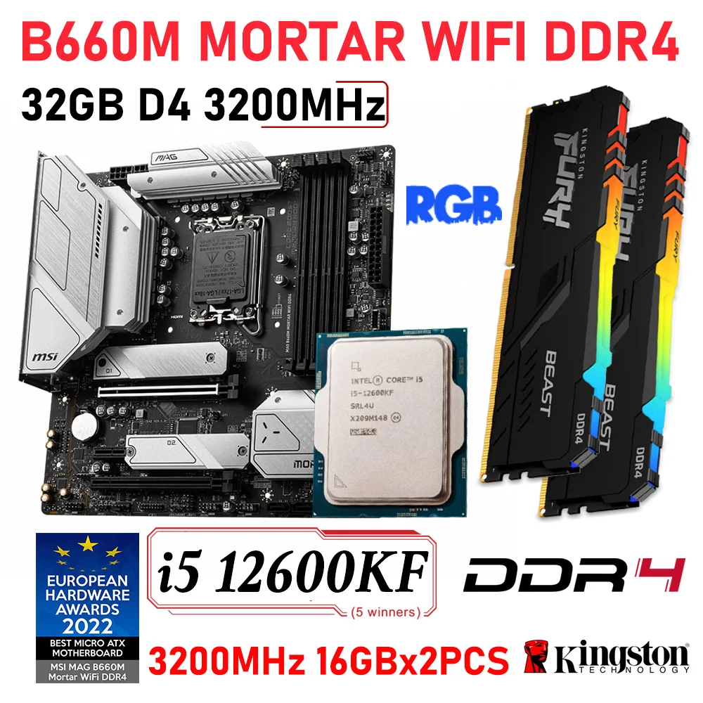

LGA 1700 Motherboard Combo i5 12600KF Processor Kit MSI MAG B660M MORTAR WIFI DDR4 Intel B660 Kingston Ram DDR4 3200MHz 32GB RGB