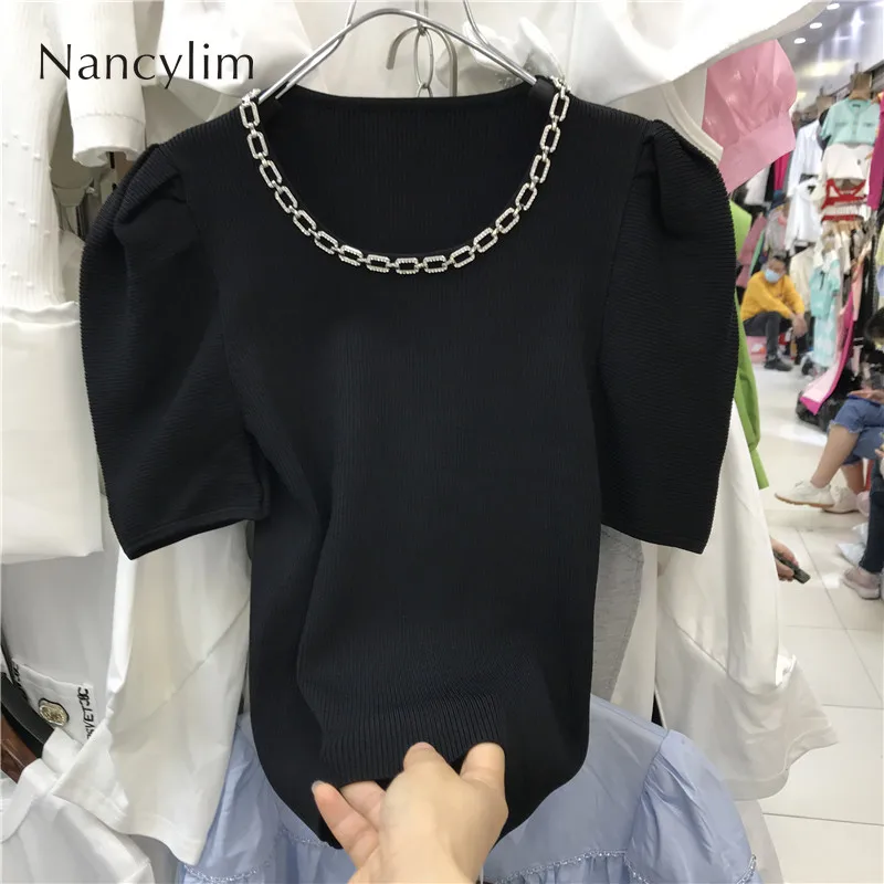 

Slim Fit Skinny T-Shirt Women Spring 2022 Rhinestone Chain Knitwear New Temperament All-Match Bubble Short Sleeve Round Neck Top
