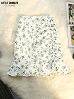 floral pencil skirts womens 2022 summer folds y2k korean fashion clothing elegant elastic high waist mermaid mini white clothes