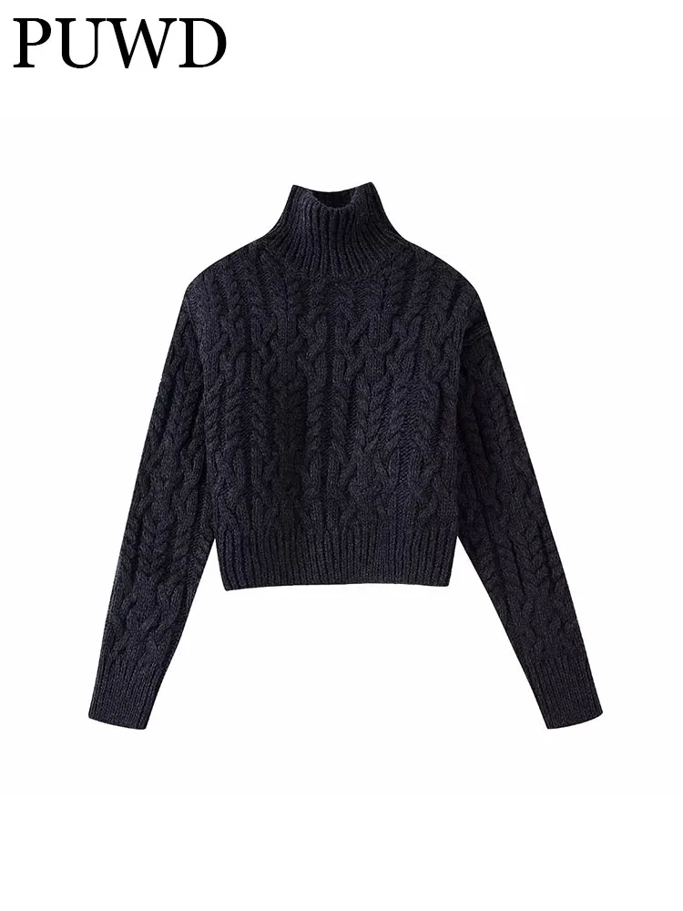 

PUWD Women Fashion Screw-thread Cable-knit Sweater Vintage High Neck Long Sleeve 2022 Fall Winter Female Pullovers Chic Tops