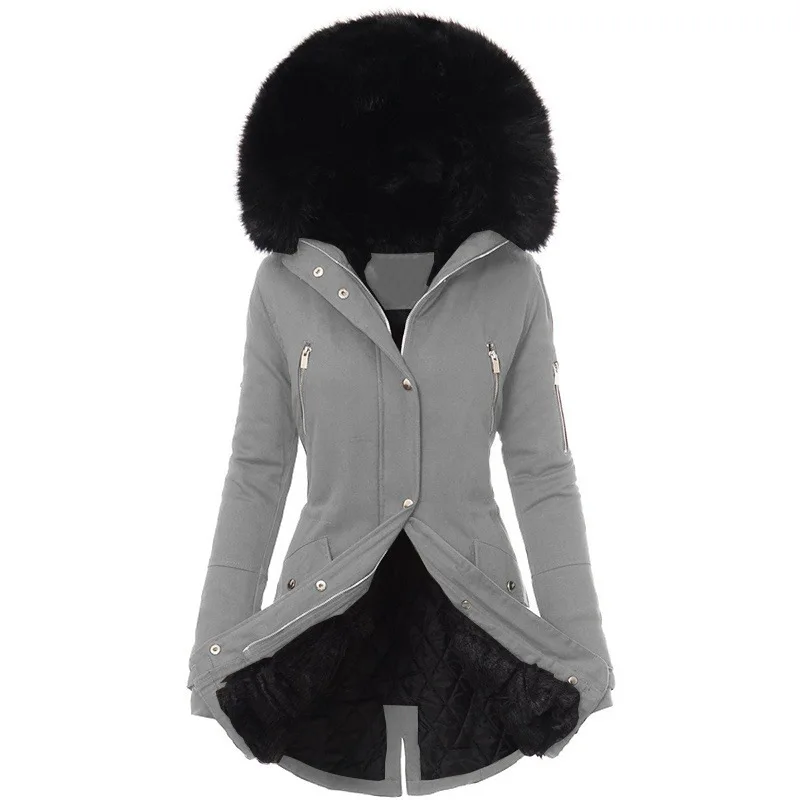 2022 Winter women's cotton padded clothes Thickened cotton padded clothes Medium length coat Women's wool collar hood for warmth