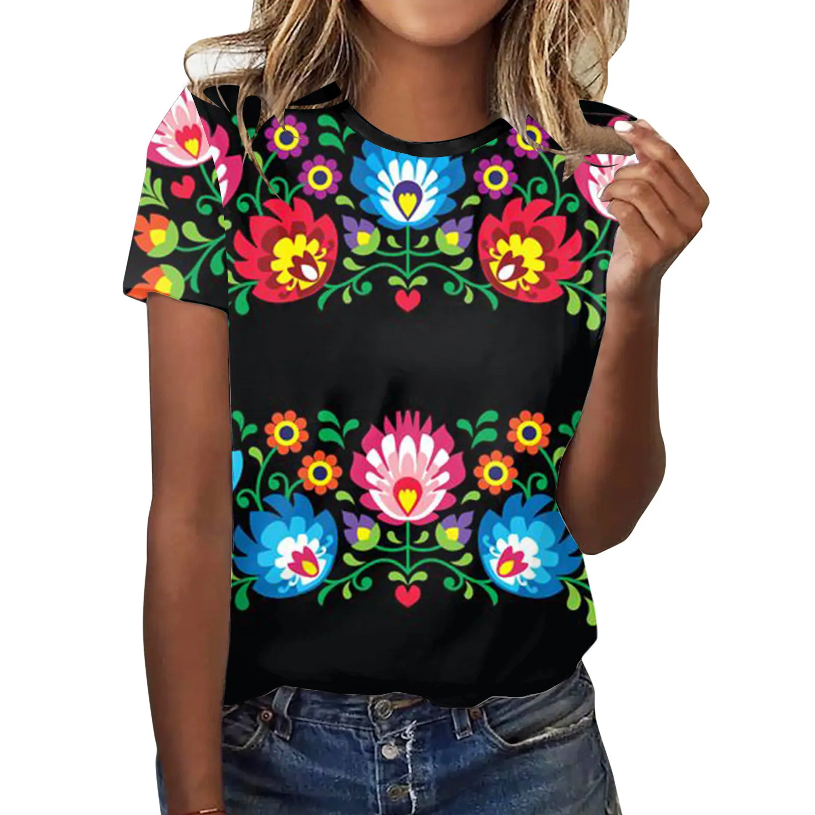 Женский фотографический топ с коротким рукавом и круглым вырезом