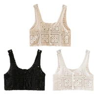 womens knitted tank tops fashion button down short tops chic sleeveless vest boho summer hollow out crop tops for daily