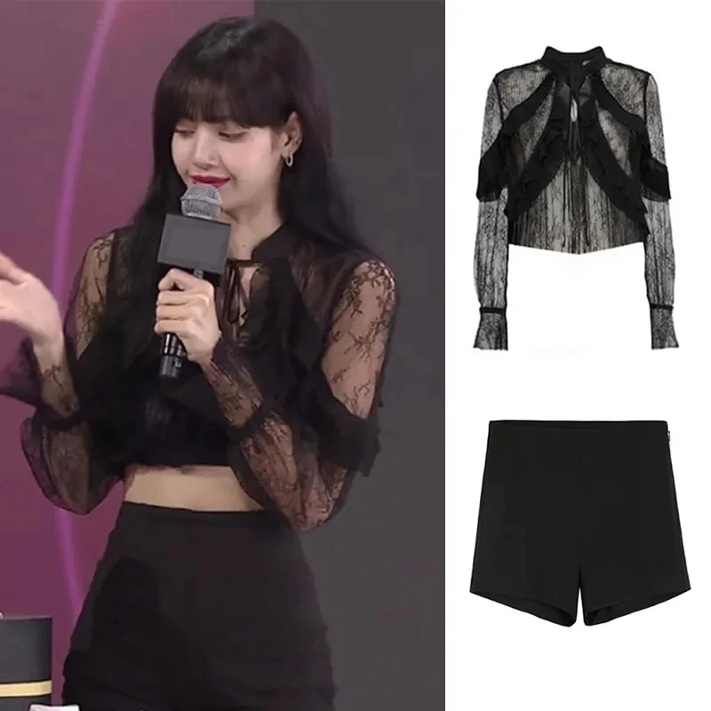 

Korean Women Group Jazz Dance Lisa Clothes Black Lace Tops Nightclub Female Dancer Stage Costumes Outfits Gothic