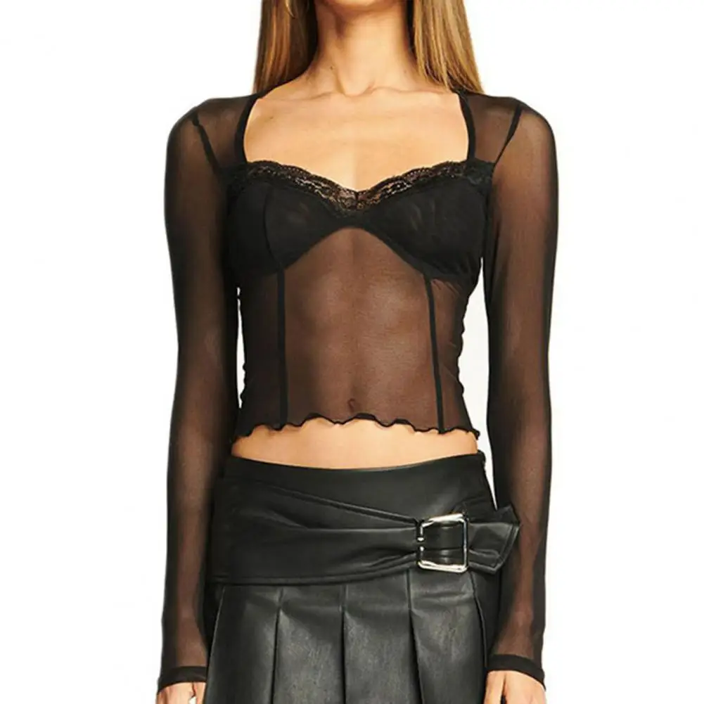 

Spring Summer Women Blouse See Through Long Sleeve V Neck Slim Fit Stretchy Lace Stitching Clubwear Lady Sexy Crop Top