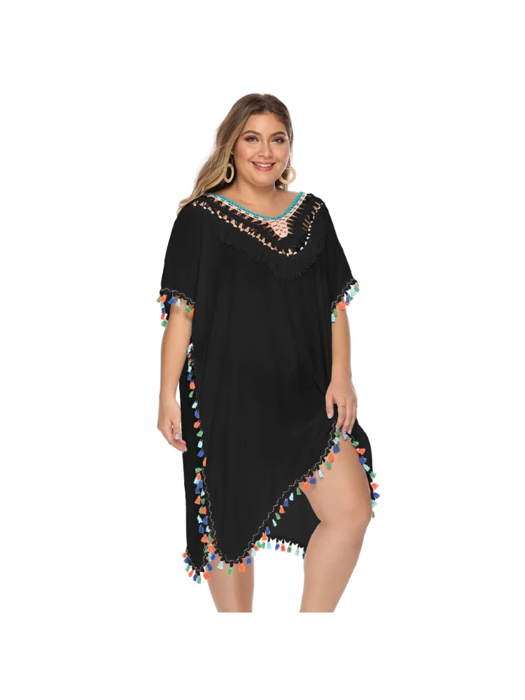 Women's Irregular Hand Hook Spliced Colorful Tassels Deep V Sexy Loose plus size Beach Cover Up Open Back Skirt