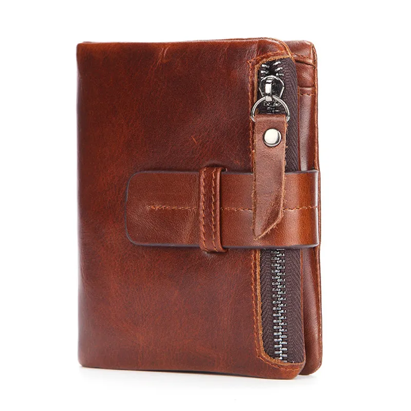 Retro fashion first layer cowhide zipper short coin purse simple casual natural genuine leather Multiple card slots wallet men