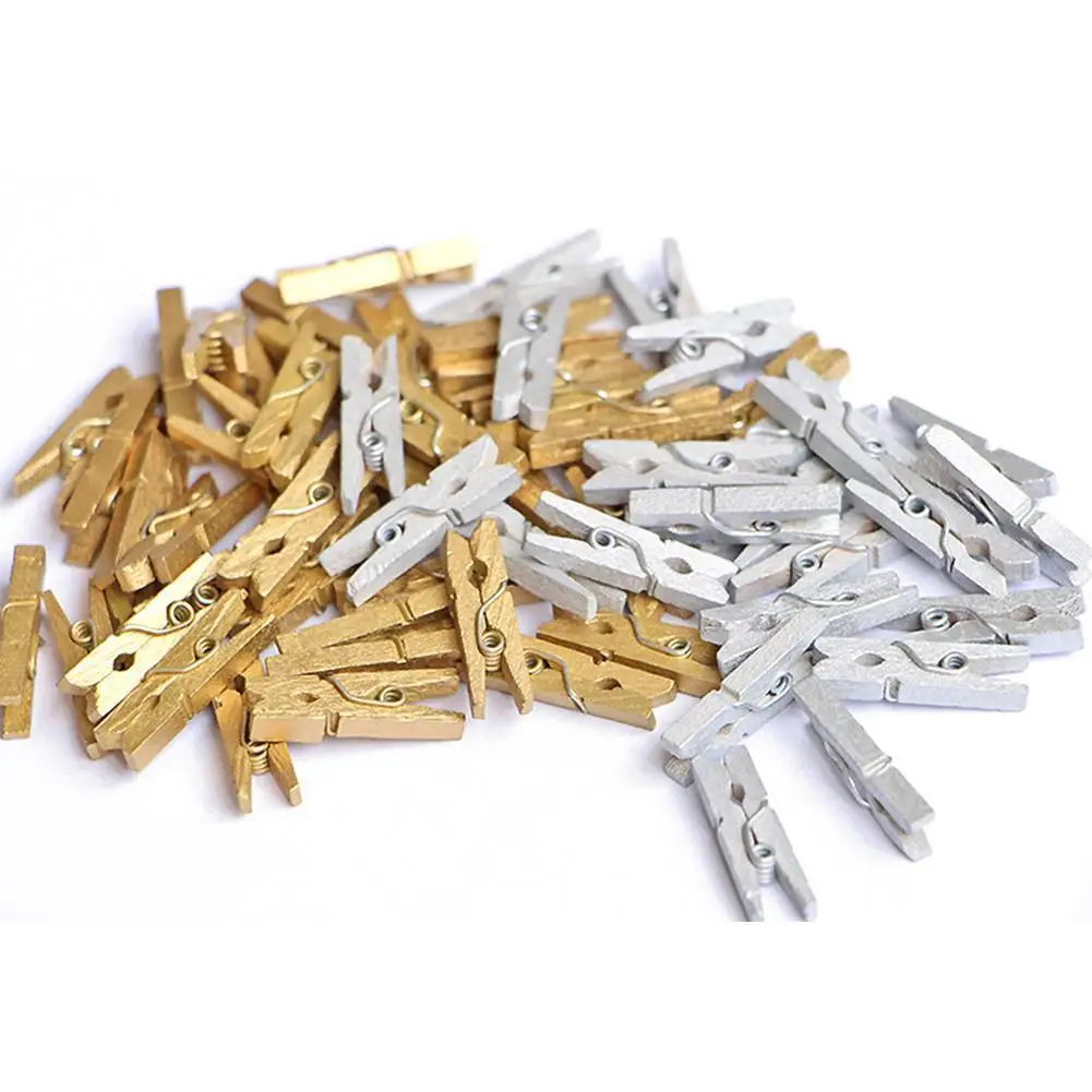 

50pcs Mini 25mm Gold/silver Wooden Clips Photo Clips Craft Portable Clothespin Clips Paper Wood Clamp Photo Clothespin M8j5
