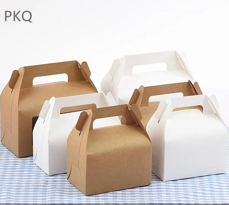 

50pcs High Quality Kraft Paper Favor Box Cupcake Box with handle White Paper Packing Cake Boxes Party Gift Box Cardboard Carton