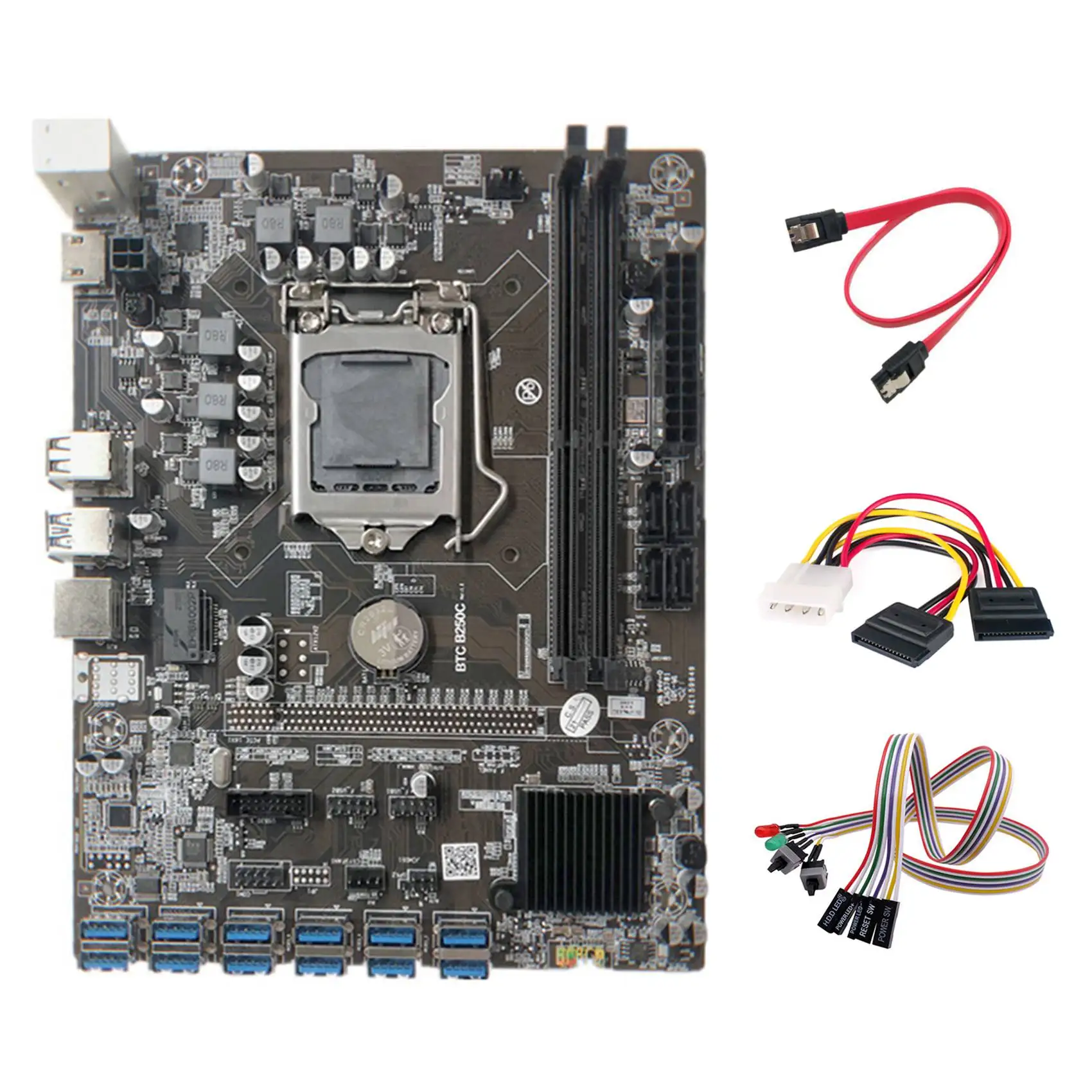 

B250C Miner Motherboard+Dual Switch Cable with Light+4PIN to SATA Cable+SATA Cable 12 PCIE to USB3.0 Graphics Card Slot
