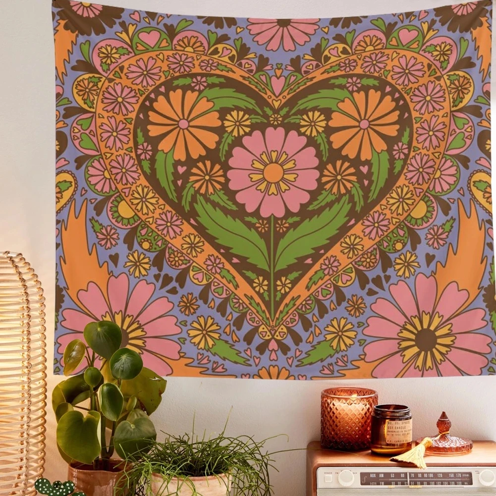 

Vintage Nordic psychedelic hanging fabric background wall90S Floral Heart Wall blanket tapestry bedroom wall hanging Floral