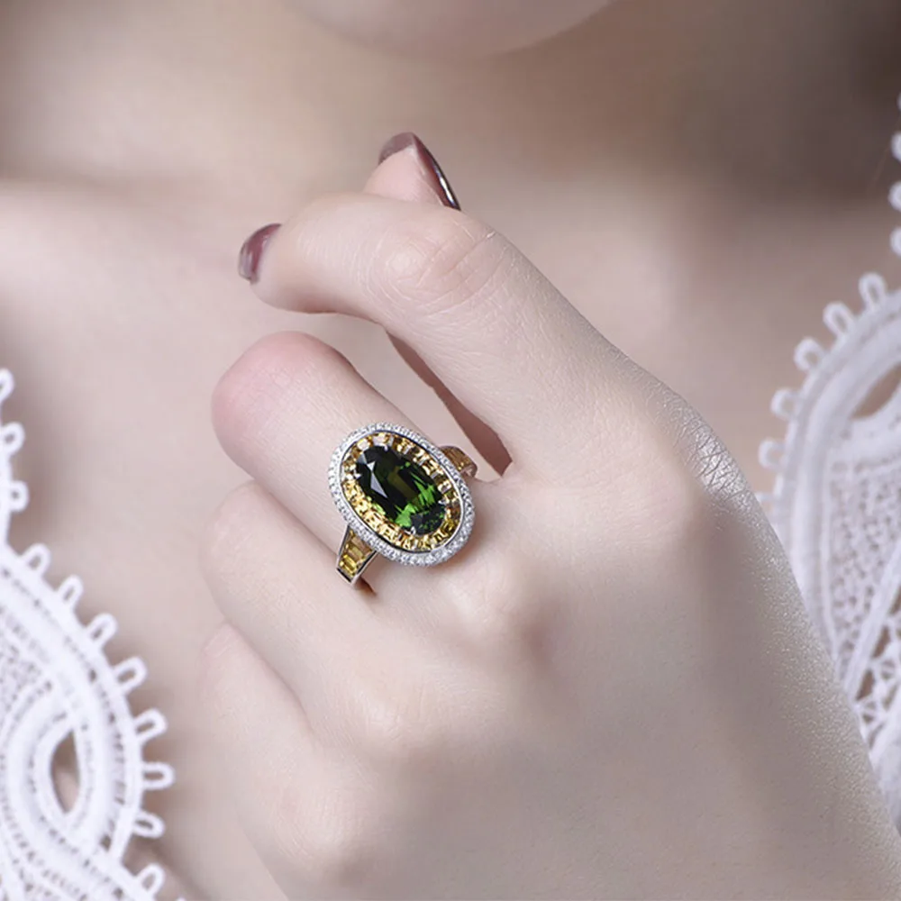 

HOYON Fashion Luxury Women's Jewelry T Square Diamond Ring Imitation Natural Emerald Tourmaline Wedding 925 Silver Colorr Ring