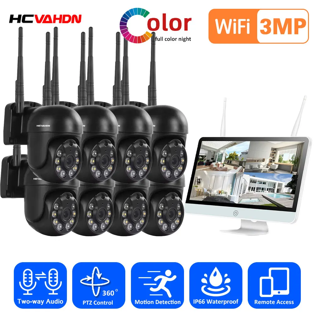 

3MP PTZ WIFI IP Security Cameras Kit Wireless Video Surveillance Camera System 15.6 inch LCD Monitor 8CH NVR CCTV Camera System