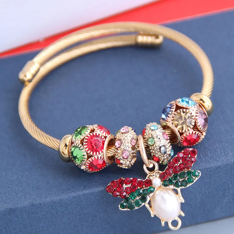Fashion Light Luxury Bohemian Ethnic Style Stainless Steel Diamond Bee Pendant Opening Adjustable Bangles Jewelry for Women