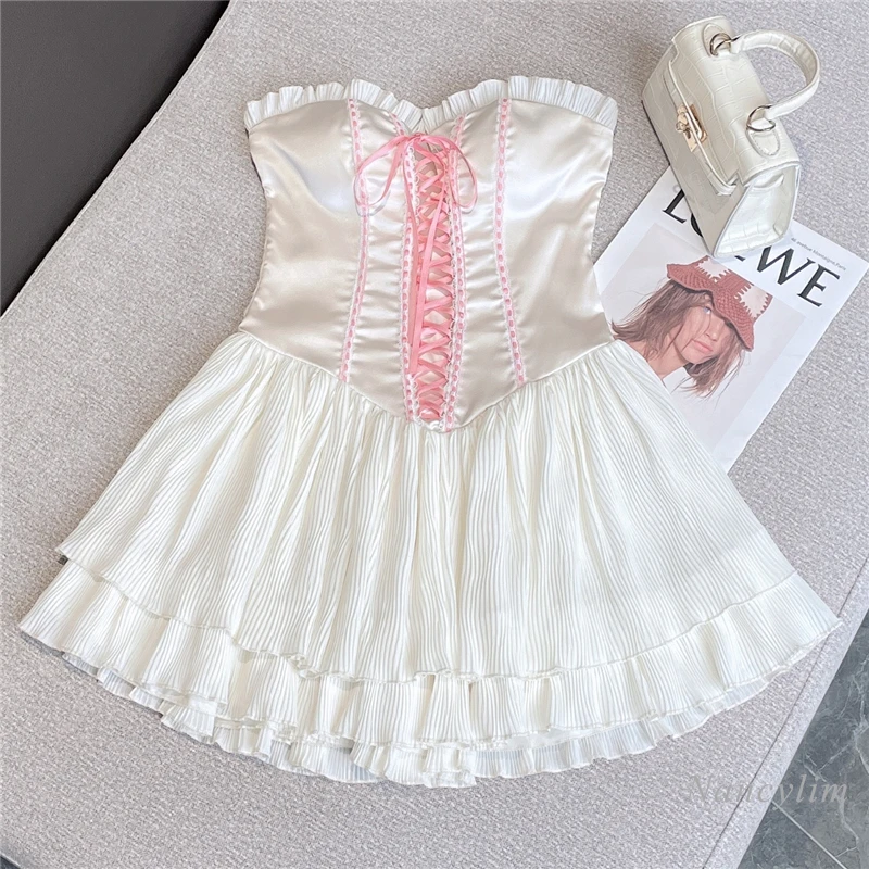 

2022 Summer Sweet Dresses Womans New Pleated Edge Mesh Swing Stitching Tied Slim Fit Strapless Birthday Party Vestidos Girl Lady