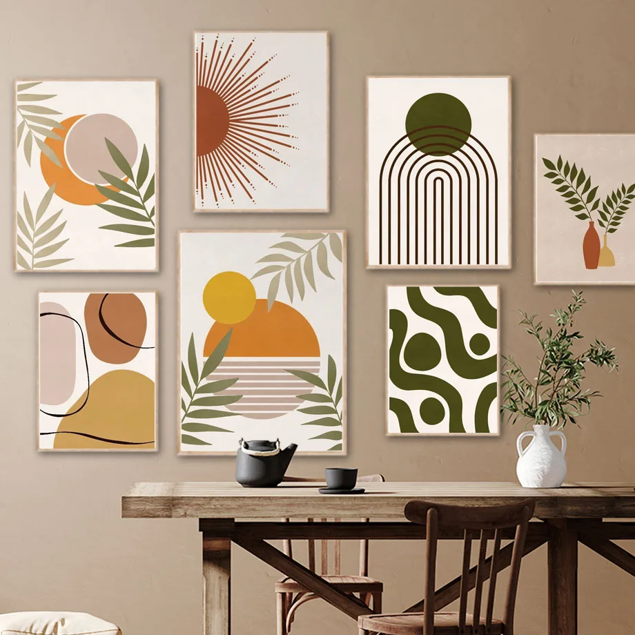 

Абстрактная Геометрическая Настенная картина в стиле бохо с изображением солнца, радуги, Листьев, плакаты и принты на холсте, современные настенные картины, декор для гостиной