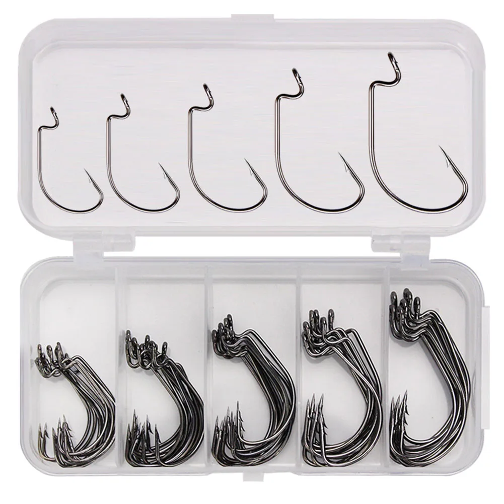 

50pc Carbon Steel Wide Crank Fishing Hook Set For Soft Worm Lure Barbed Hooks Outdoor Carp Fishing Accessories Tackle Worm Hook