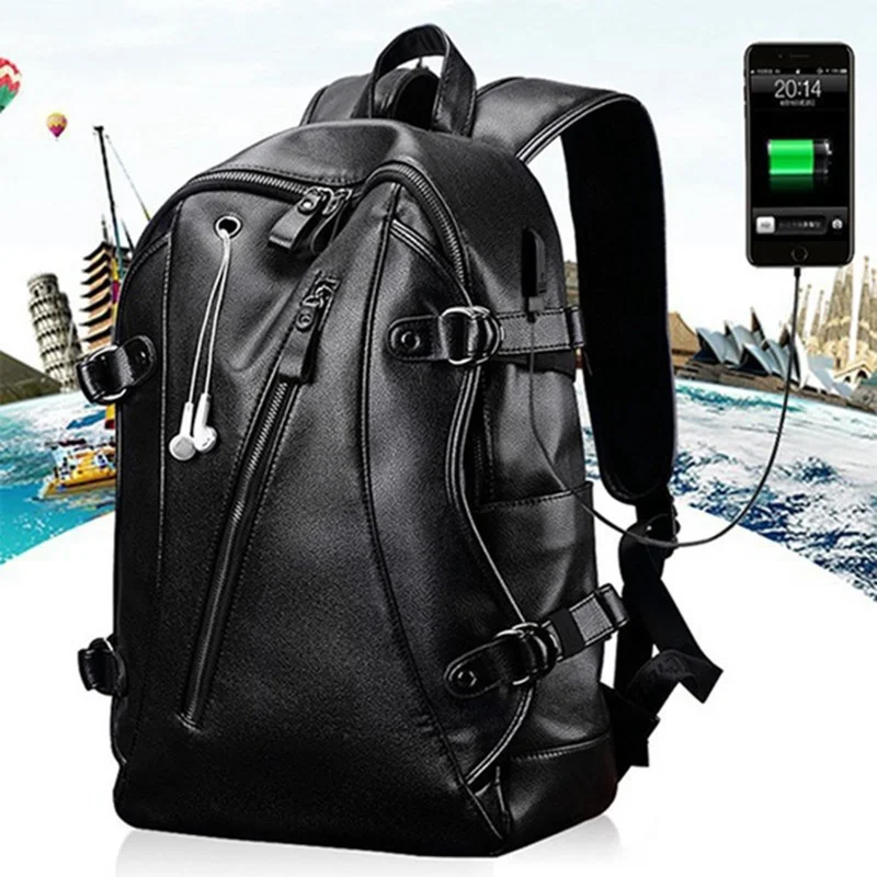 

Backpack Casual External Leather Charge Bookbag Pu Usb Leather Waterproof Bag School Bag Men Backpack Fashion Travel