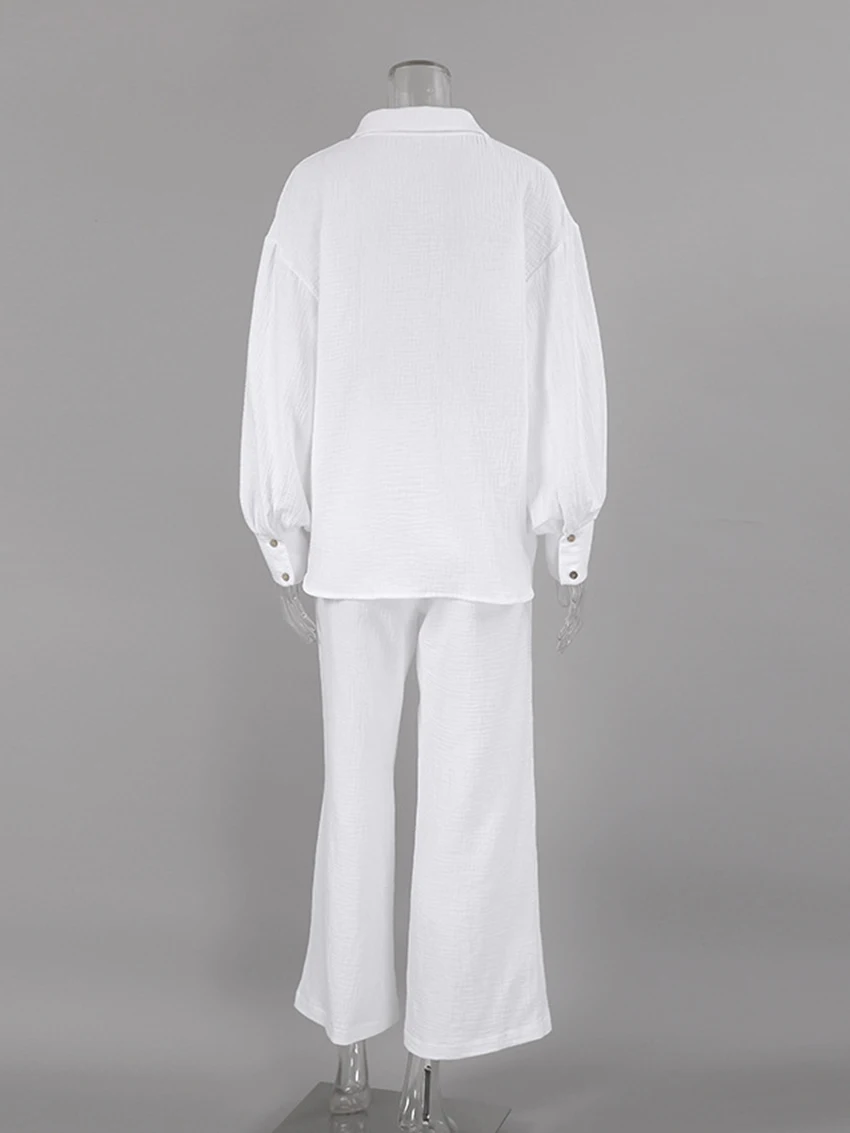 Marthaqiqi Solid Cotton Lantern Female Sleepwear Sexy V-Neck Nightgowns With Elastic Waistline Wide Leg Pants 2 Piece Pajama Set