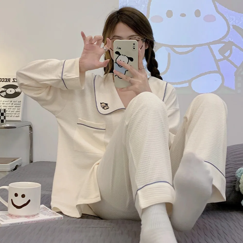 

Korean version autumn and winter pajamas women's waffle long sleeved cotton cardigan home wear