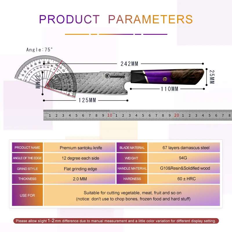 Японский нож сантоку Grandsharp 67 слоев дамасская сталь кухонный шеф-повара роскошный